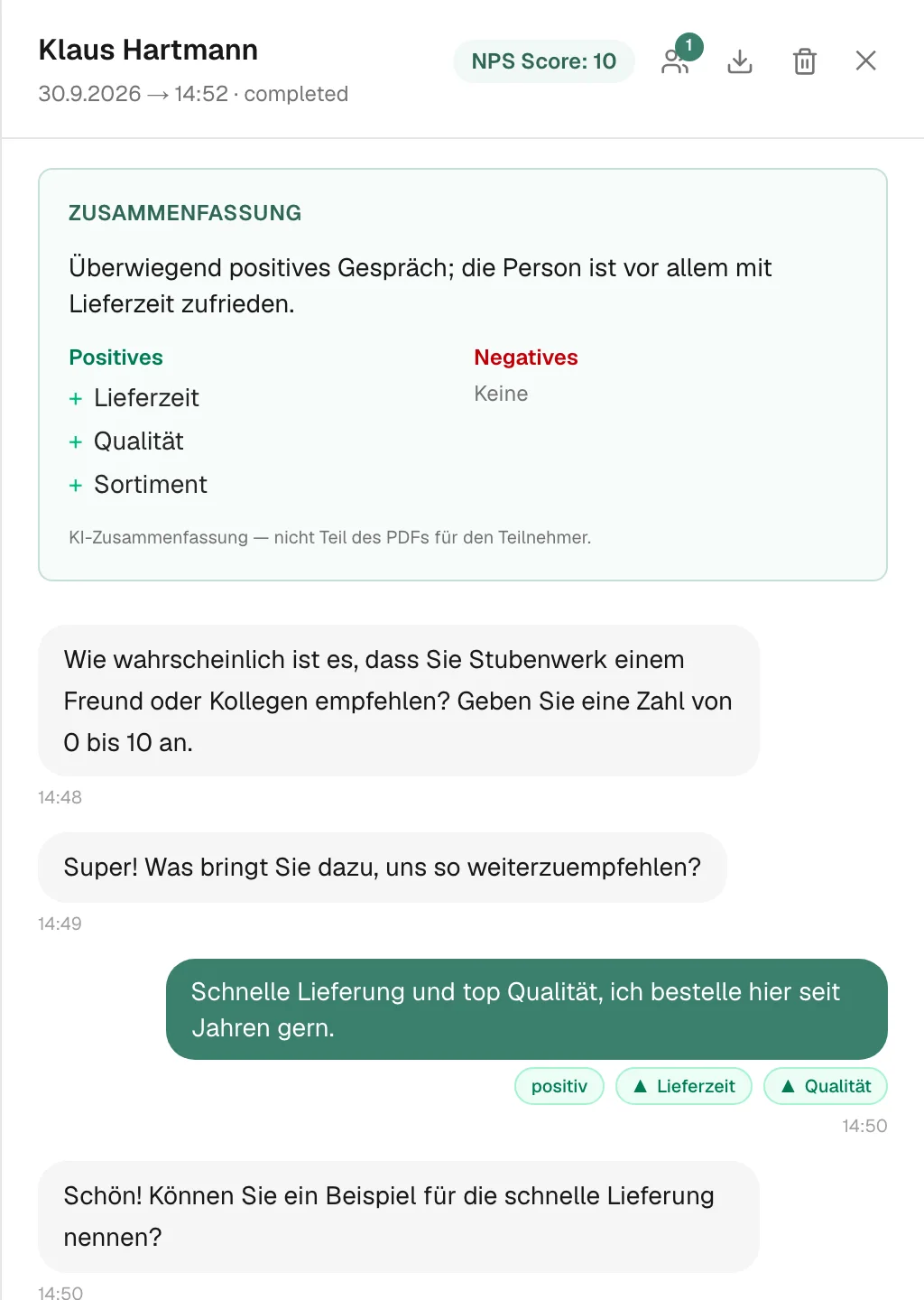 Ein Gespräch mit Zusammenfassung und der Analyse jeder Antwort