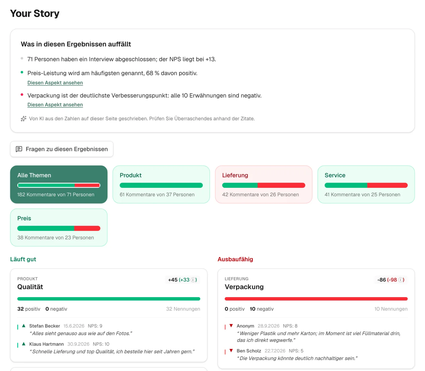 Ergebnisseite von ScoreStory mit geschriebenem Fazit, Themen und Zitaten