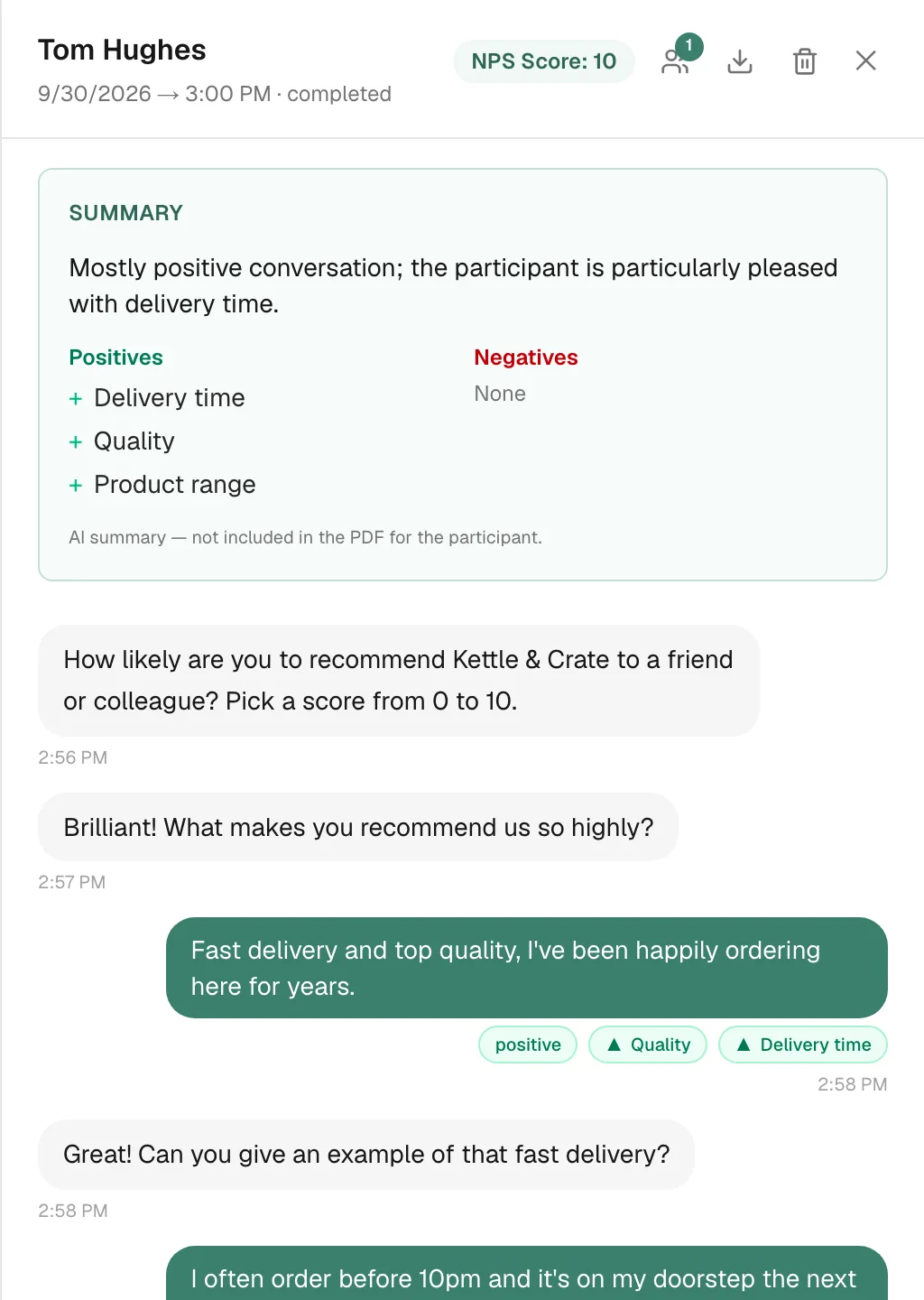 A conversation with its summary and the analysis of each answer