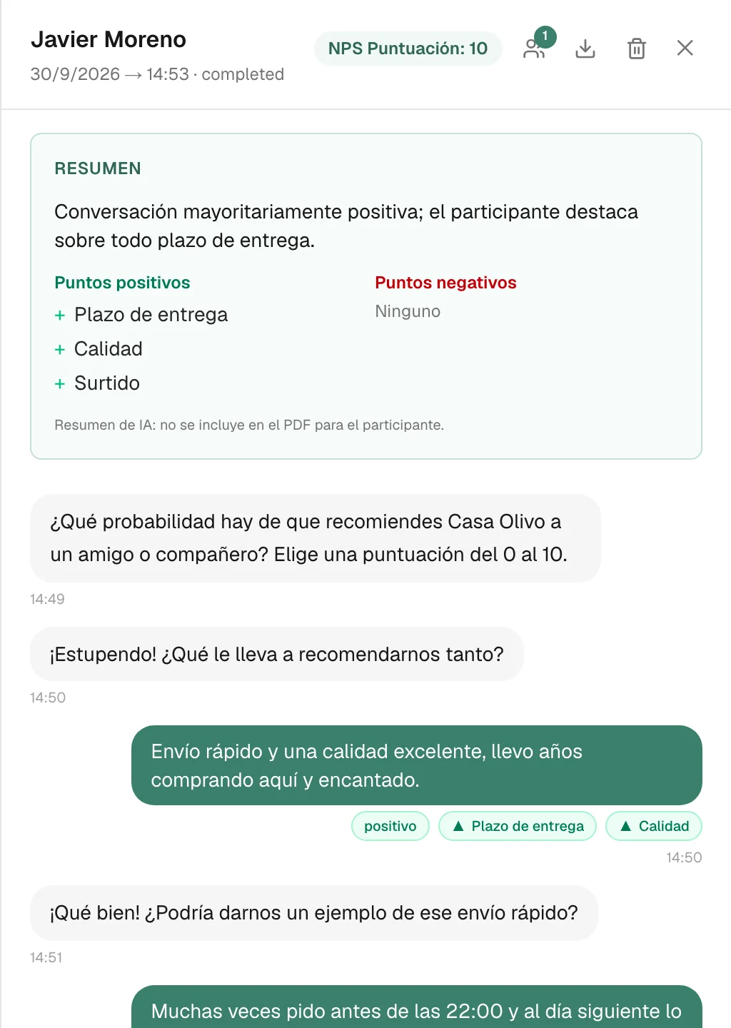 Una conversación con su resumen y el análisis de cada respuesta