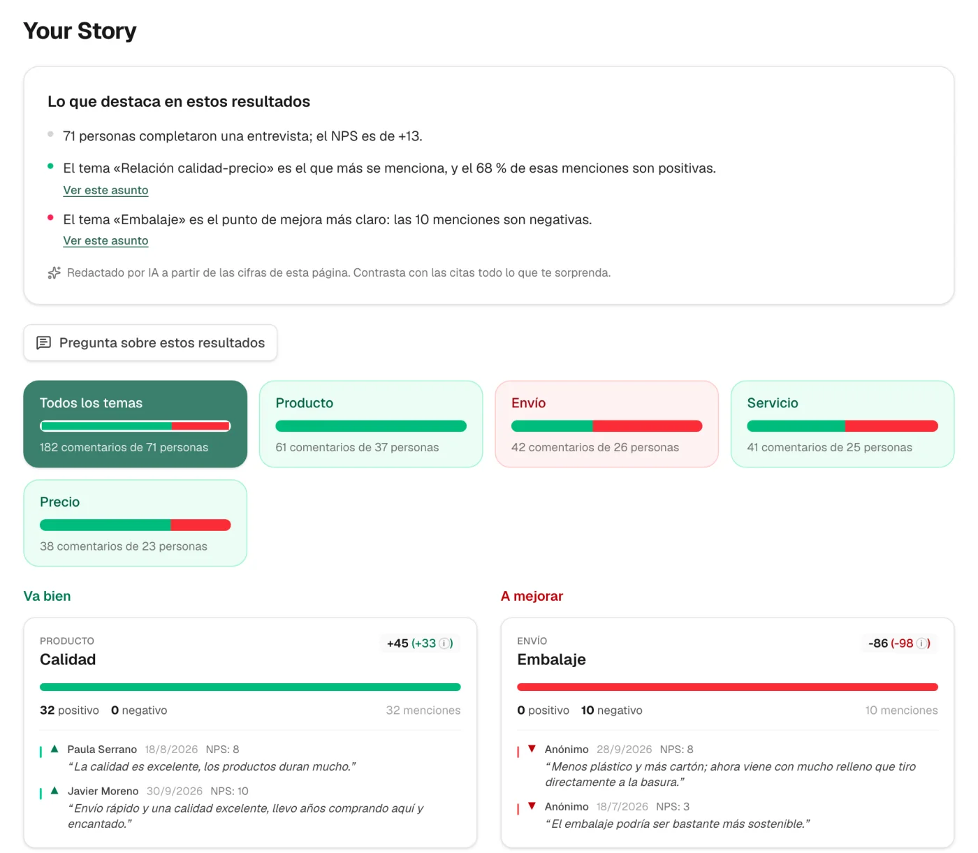 Página de resultados de ScoreStory con una conclusión redactada, temas y citas