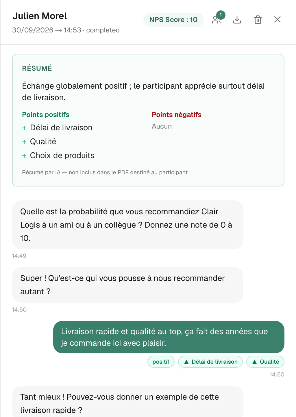 Une conversation avec son résumé et l'analyse de chaque réponse