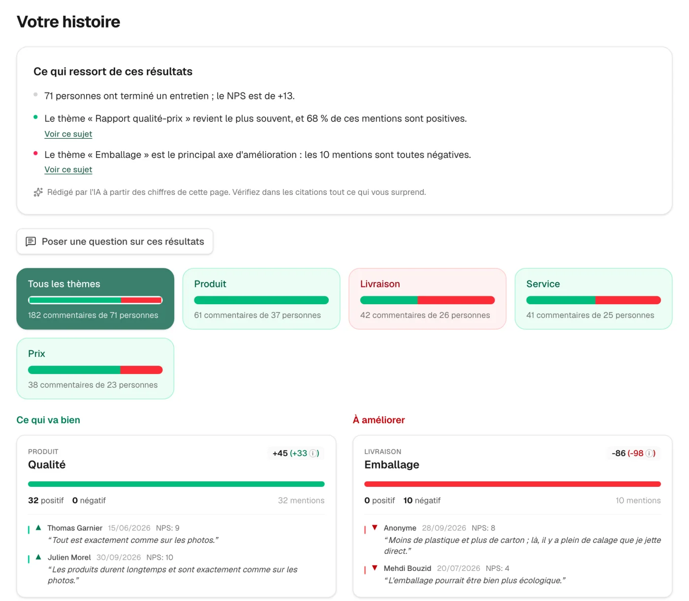 Page de résultats de ScoreStory avec une conclusion rédigée, des thèmes et des citations