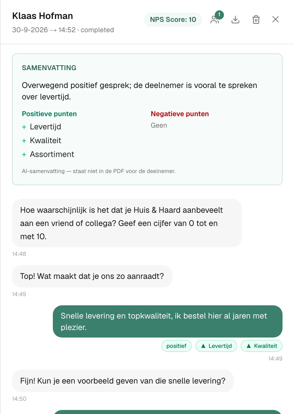 Een gesprek met de samenvatting en de analyse van ieder antwoord